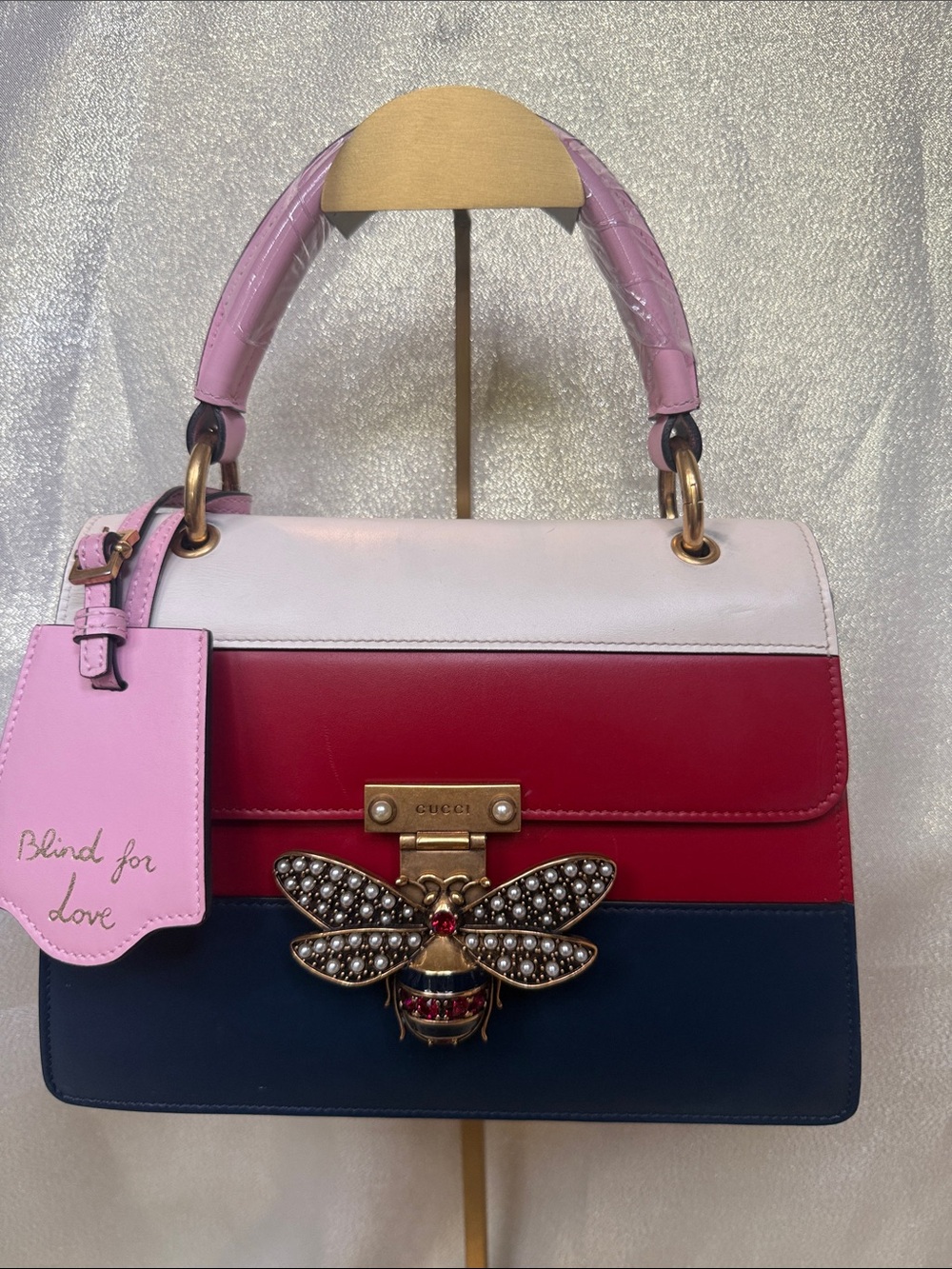 Gucci Color-Block Leather Bee Pink Top Handle Satchel in Pink, Red & Blue